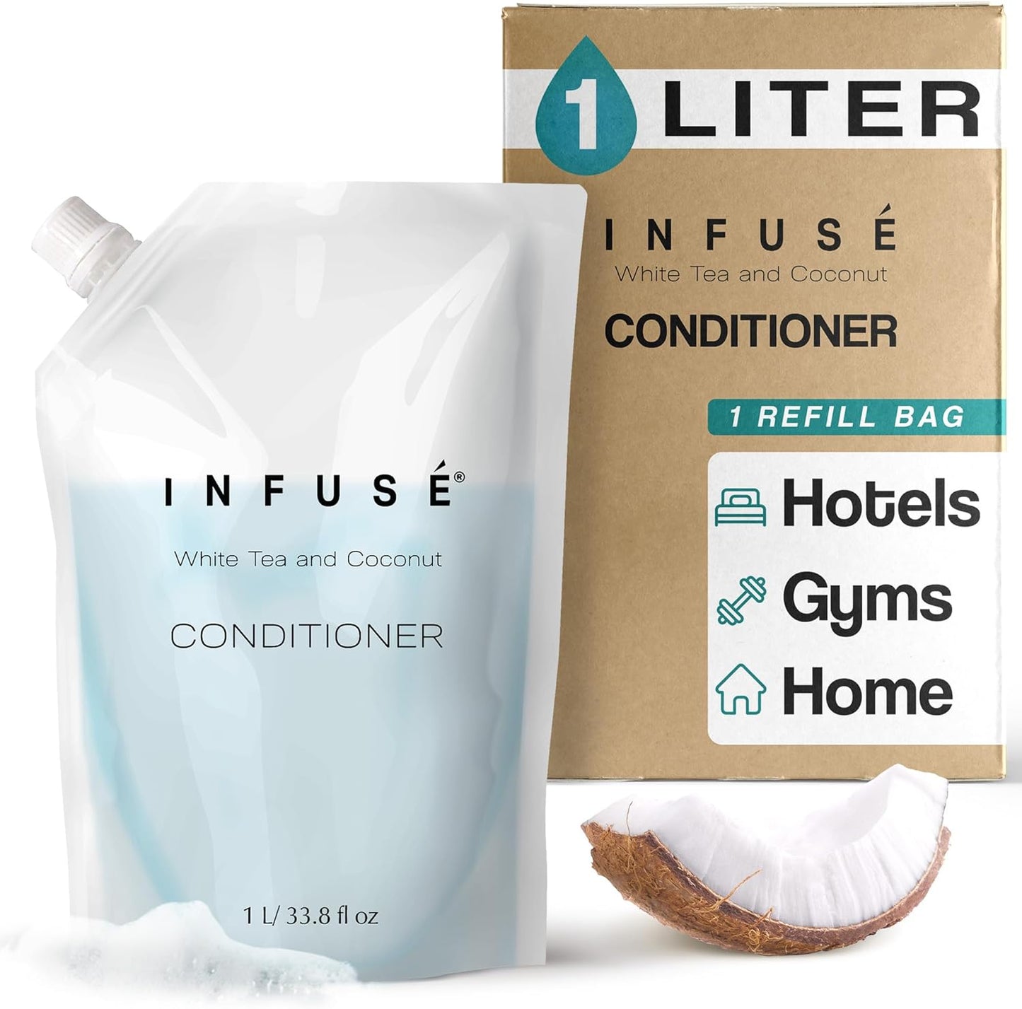 1 Liter Conditioner Refill Bag For Soap Dispensers | Bulk Toiletries for Vacation Rentals, and Home Bathroom Showers | White Tea and Coconut | Single